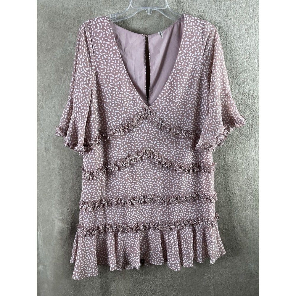 Indikah Womens Dress Size 8 Mini Pink Short Sleeve Ruffle V Neck Dress